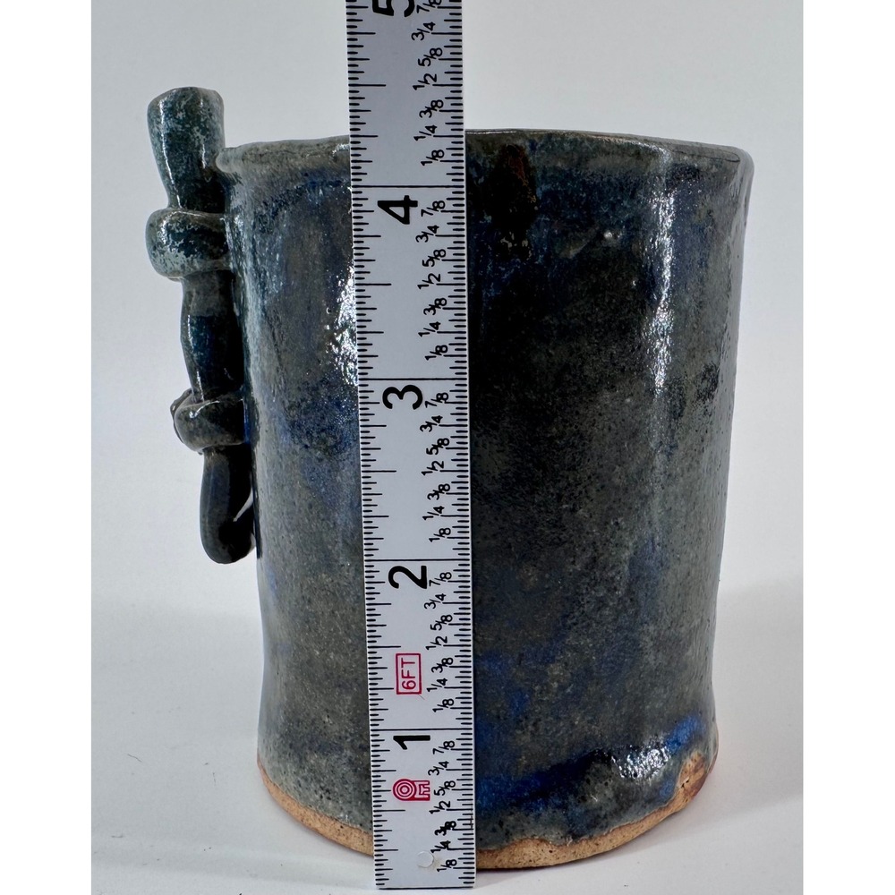Handmade Ceramic Mug Dark Blue Glaze Textured Handle Pottery Drinkware Bamboo - Picture 11 of 13